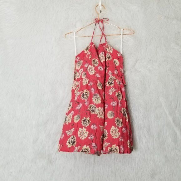 Flynn Skye Red Firework Floral Mini Halter Open Tie Back Dress Medium - Picture 2 of 12